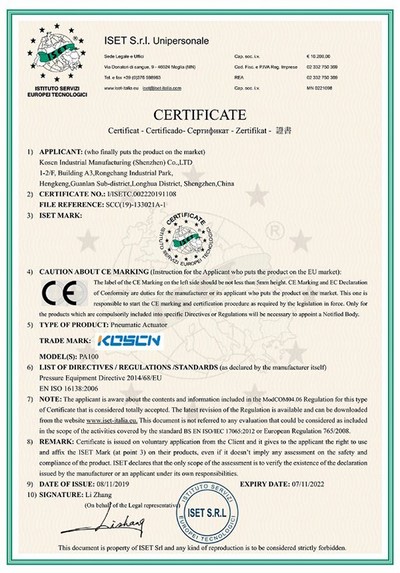 CE Zertifikat für Pneumatische Aktuatoren